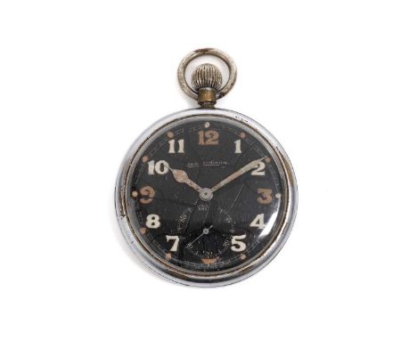 Jaeger LeCoultre: a steel cased military pocket watch, the black Arabic dial with subsidiary seconds, the case back stamped '