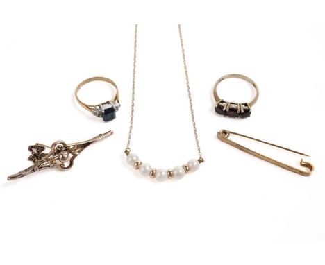 A selection of gold jewellery, including: two bar brooches; a cultured pearl necklet; a pair of cultured pearl clip-on earrin