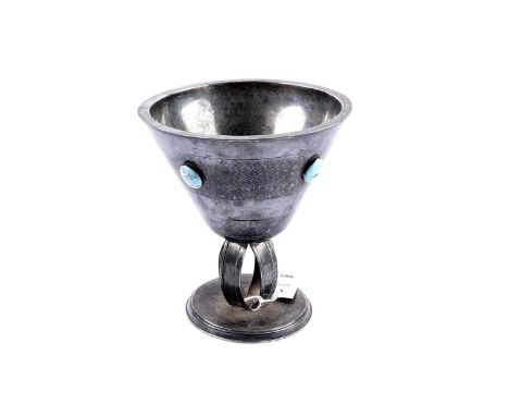 An Arts &amp; Crafts plated vase, of chalice design, the flared bowl mounted with turquoise-coloured ceramic cabochons, on op