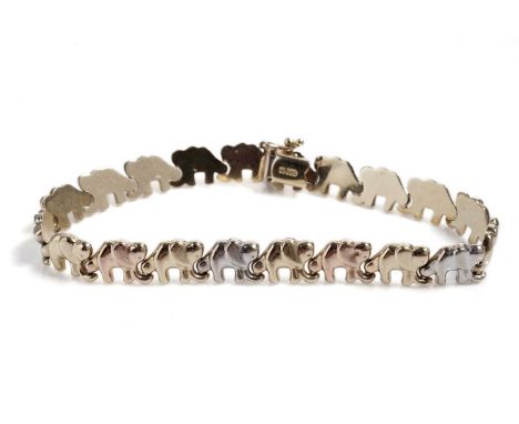 A tri-colour gold elephant pattern bracelet, formed of a line of elephants standing tusk to tail, stamped "585" to clasp, 19.
