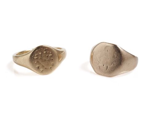 An 18ct yellow gold signet ring, size O, 6.0g gross; and another gold signet ring, marks worn, size H 1/2, 3.1g gross.