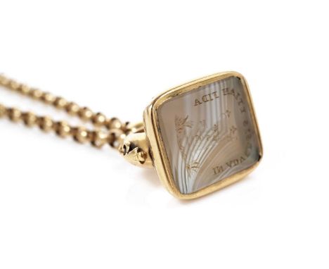 A Victorian banded agate intaglio fob seal pendant necklace, with Latin motto "In Adversis Etiam Fida" translating to "In adv