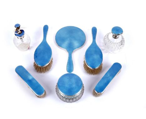 A selection of silver and blue gouache enamel decorated dressing table items, by Henry Clifford David, Birmingham 1920’s, com
