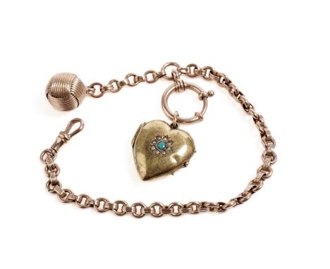A rose gold Albert watch chain or bracelet, with dog clip and bolt clasps, set with a rose gold ball pendant charm and a turq
