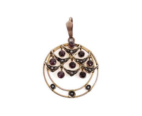 An Edwardian amethyst and seed pearl bauble pendant, in yellow gold, stamped "9ct" to reverse, with later rose gold bale, 37m