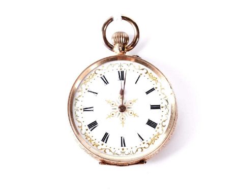 A Continental rose gold fob watch, the pale pink and white enamel Roman dial with gilt decoration, stamped "14K" to interior 