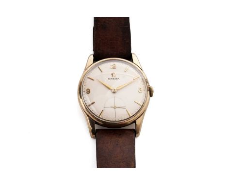 An Omega 9ct yellow gold cased manual wind wristwatch, the cream dial with Arabic and baton hour markers, subsidiary seconds 