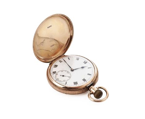 A 9ct rose gold pocket watch, the white enamel Roman dial with subsidiary seconds dial at 6, within machine turned cover with