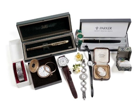 A selection of gold, silver and costume jewellery, including: a rose gold plated half hunter pocket watch; an aventurine quar