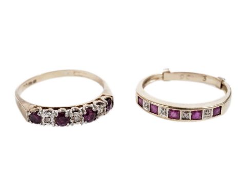 Two ruby and diamond half hoop eternity rings, each in 9ct yellow gold, sizes T and P 1/2, one with gold ring size adjuster, 