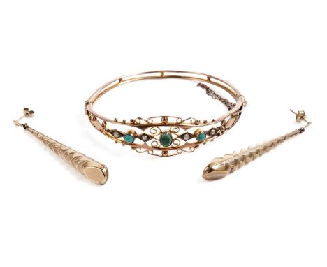 An Edwardian turquoise and seed pearl bangle, in rose gold, stamped "9ct", with safety chain, 60mm wide, 7.0g gross; and a pa
