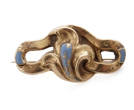 An Art Nouveau gold brooch, with central scrolling flame motif, and lilac enamel detailing, in yellow gold, unmarked, surface
