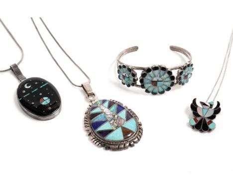 A selection of gemstone Navajo jewellery, including: an opal, abalone, lapis lazuli, turquoise and coloured gemstone Navajo p
