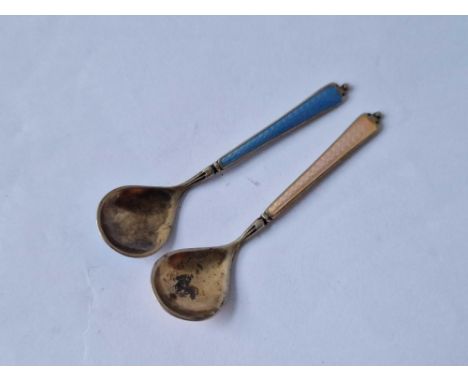 A pair of 925 standard salt spoons, gilded with enamel 