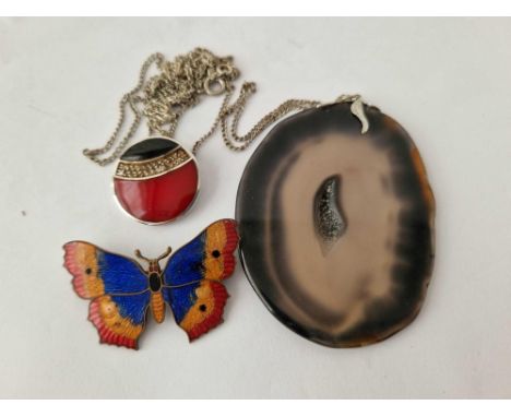 A enamel butterfly brooch agate pendant and another