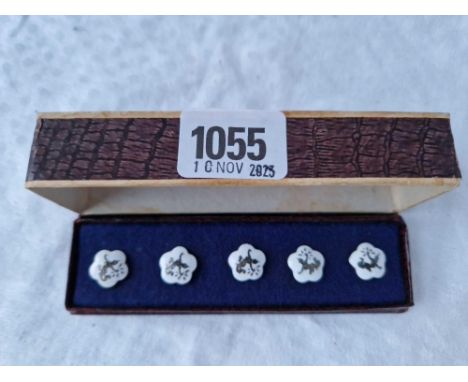 A set of five Eastern sterling and enamel boxed buttons