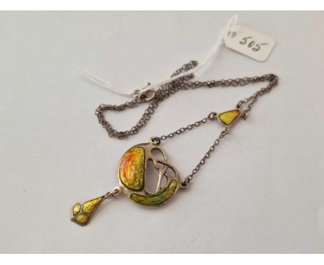 A art nouveau enamel and silver pendant necklace 16 inch