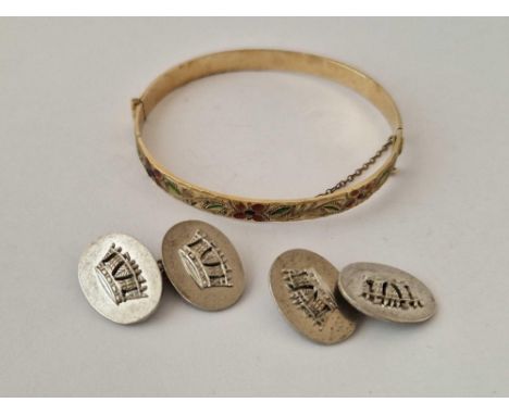 A gilt engraved bangle and pair of silver cufflinks with crown design