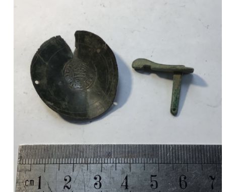 Copper alloy Medieval scale arm and balancing bowl stamped with a crown. Bowl is 1.64g. Dia30mm.