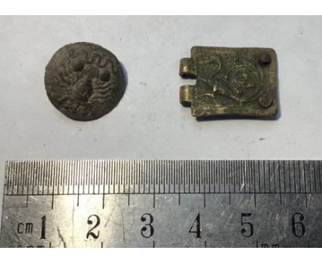 Double item lot (1)Medieval peacock design copper alloy gilded buckle plate.W2.15g. 15X20mm. (2) copper alloy button with a c