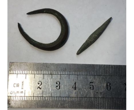 2 Bronze age artefacts (1)Bronze age jewellery. W5.14g. 26Mmx31mm. (2)Bronze age awl. W2g. L31.7mm.