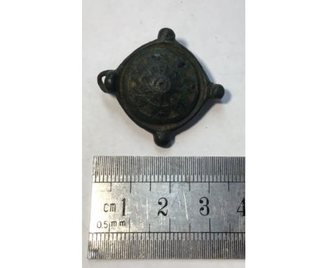 Roman copper alloy &ldquo;umbonate&rdquo; enamelled brooch with blue/red enamel still just about present, no pin.W10.61g. Dia