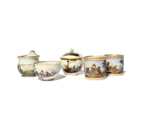 A small collection of Germanic porcelains, c.1760-1810, including a small Ansbach ogee pot and cover painted with a figure st