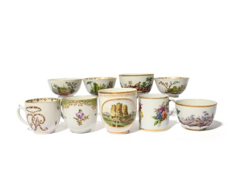 A group of Italian porcelain teawares, c.1770-75, including three Cozzi teabowls painted with landscapes and garden statuary,