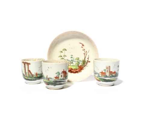Three Chinese porcelain London-decorated coffee cups and a saucer, c.1760, painted by Jefferyes Hamett O'Neale with European 