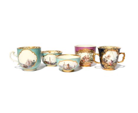 Two Meissen cups and two teabowls, c.1735-40, the teabowls and one cup painted with Kauffahrtei and other scenes within shape