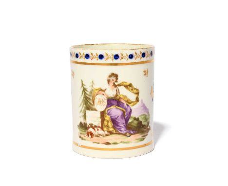 A rare Caughley polychrome mug, c.1790, painted possibly by Joshua Cristall with a Classical maiden seated before pine trees 