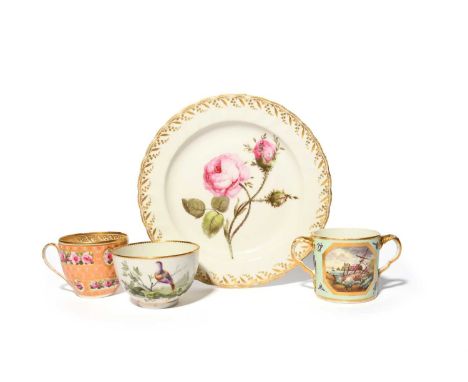 A Derby plate attributed to William Billingsley, c.1790, finely painted with a botanical specimen of a pink rose, titled 'Mos