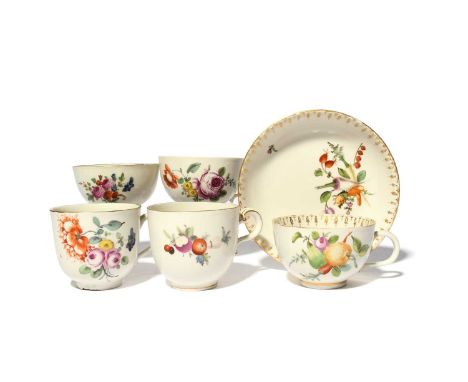 A group of Dutch or Dutch-decorated teawares, c.1775-85, including an Ansbach teacup and saucer decorated in The Hague with s