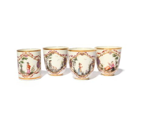 Three tall Doccia coffee cups and a can, c.1760-70, painted in the Meissen style, the three cups with pastoral figures at var