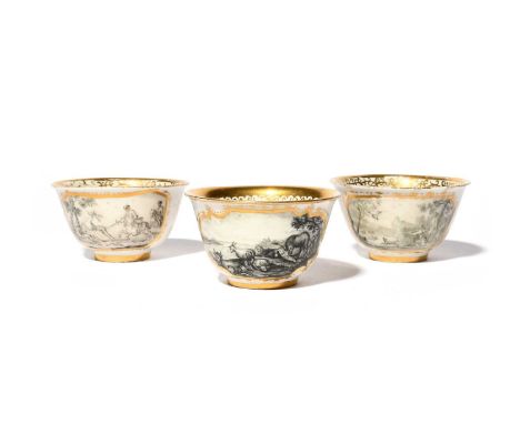 Three Meissen hausmaler teabowls, c.1720, painted in Augsburg probably in the Seuter workshop, a pair with hunting scenes wit