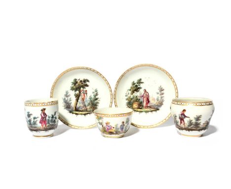 Three Doccia cups and two saucers, c.1780, a teacup, coffee cup and ogee shaped cup, all well painted with European and Middl