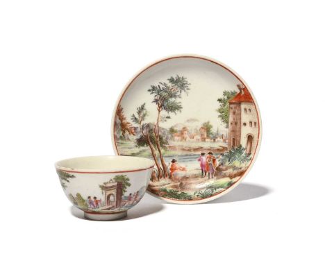 A Doccia teabowl and saucer, c.1745, finely painted by or in the manner of Carl Wendelin Anreiter, the saucer with figures be