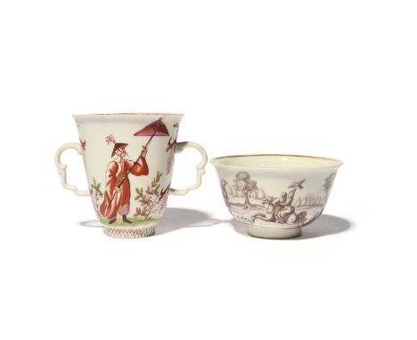 A Du Paquier two-handled beaker, c.1720, painted in the manner of Elias Baeck with a Chinese figure holding a parasol, the re
