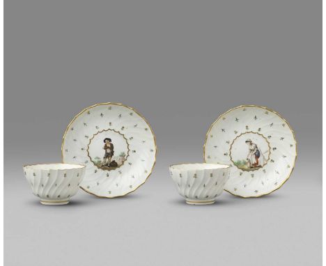 A pair of Caughley teabowls and saucers, c.1792, the spiral-moulded forms painted by Fidelle Duvivier at the Chamberlain work