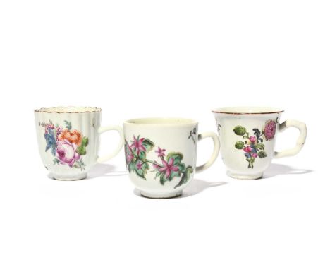 Three Chinese porcelain London-decorated coffee cups, mid 18th century, one finely painted with botanical flower specimens, t
