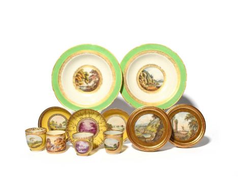 A group of Derby porcelains, c.1790-1815, including a pair of plates painted in pattern 321 with titled English landscapes wi