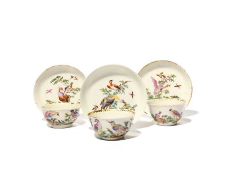 Three Chinese porcelain London-decorated teabowls and saucers, c.1760, painted by Jefferyes Hamett O'Neale and others in the 