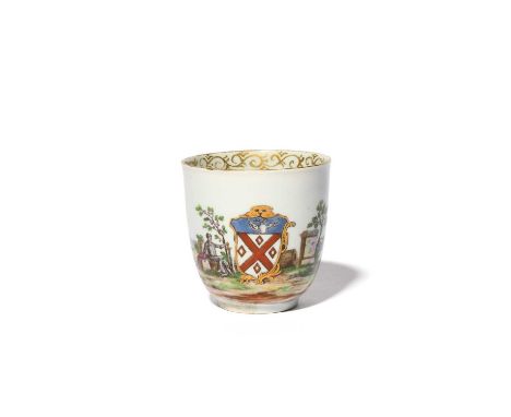 A rare Vauxhall armorial coffee cup, c.1756-60, possibly decorated in the London atelier of James Giles, finely painted with 