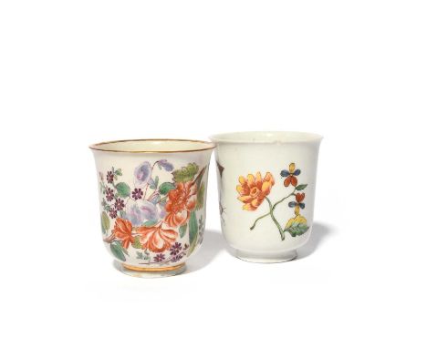 An early Doccia coffee cup and a beaker, c.1745, the cup finely painted in the Du Paquier manner with a bold spray of Europea