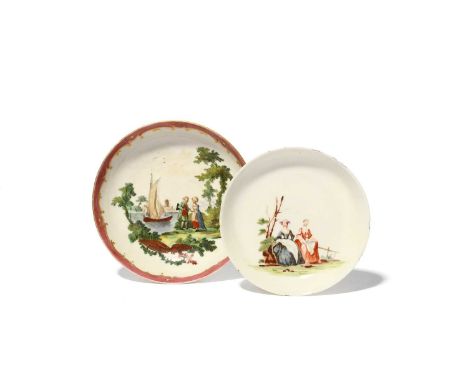 Two Chinese porcelain London-decorated saucers, c.1760, one painted possibly by Fidelle Duvivier with a couple on a riverbank