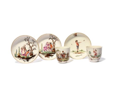 A pair of Höchst saucers with comical scenes, c.1770, attributed to Louis Victor Gerverot, one painted with two figures havin
