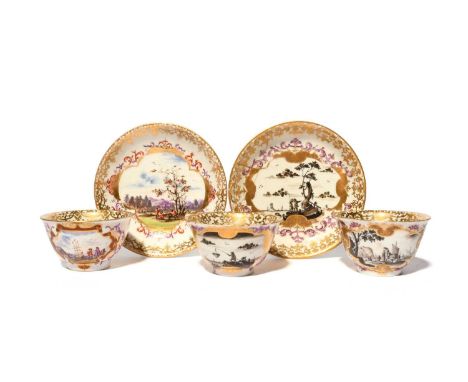 Two Meissen teabowls and saucers, c.1720-30, one painted with schwarzlot landscapes and a figure fishing within cartouches of