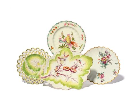 Four English porcelain plates or dishes, c.1760-65, including a Derby leaf dish painted with a split peach and flying insects