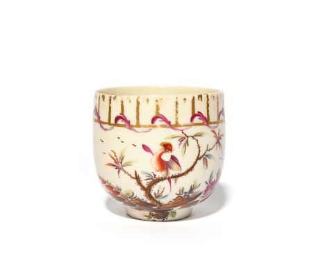 A rare Weesp coffee cup, c.1769-71, the generous form painted by Louis Victor Gerverot with an exotic bird perched on a low t