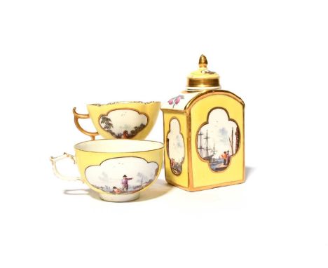 A Meissen tea canister and cover, c.1735, the rectangular form painted with quatrefoil panels of Kauffahrtei and figures in l